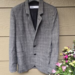 Zara Womens XS Plaid Gray Black Blazer Jacket Single Breasted Lined Academia